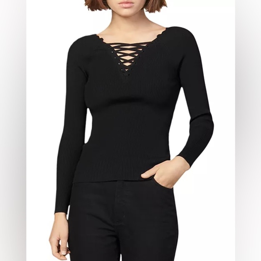 SANDRO Lace Fitted V-neck Sweater In Black Women’s size Small